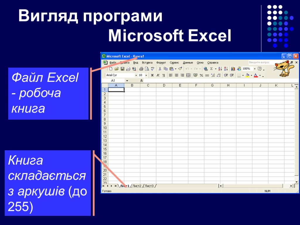 Вигляд програми Microsoft Excel Файл Excel - робоча книга Книга складається з аркушів (до